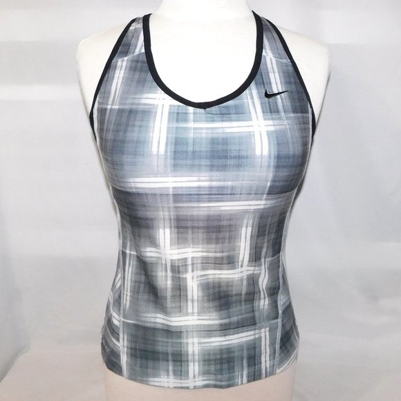 Nike Dry-Fit Womens M Gray White Black Fitted Workout Tank Top Fitted Shelf Bra - Picture 1 of 10